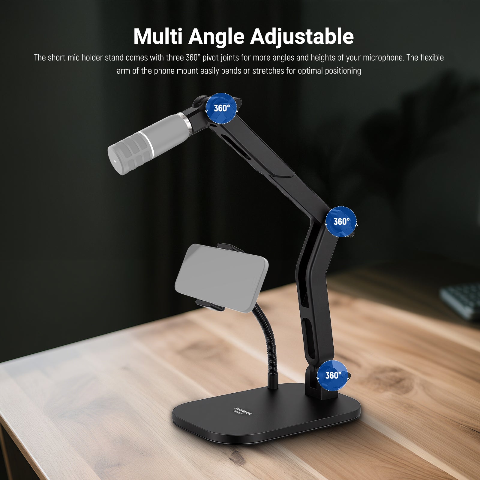 NEEWER MS022 Desktop Mic Stand with Phone Holder & Arm