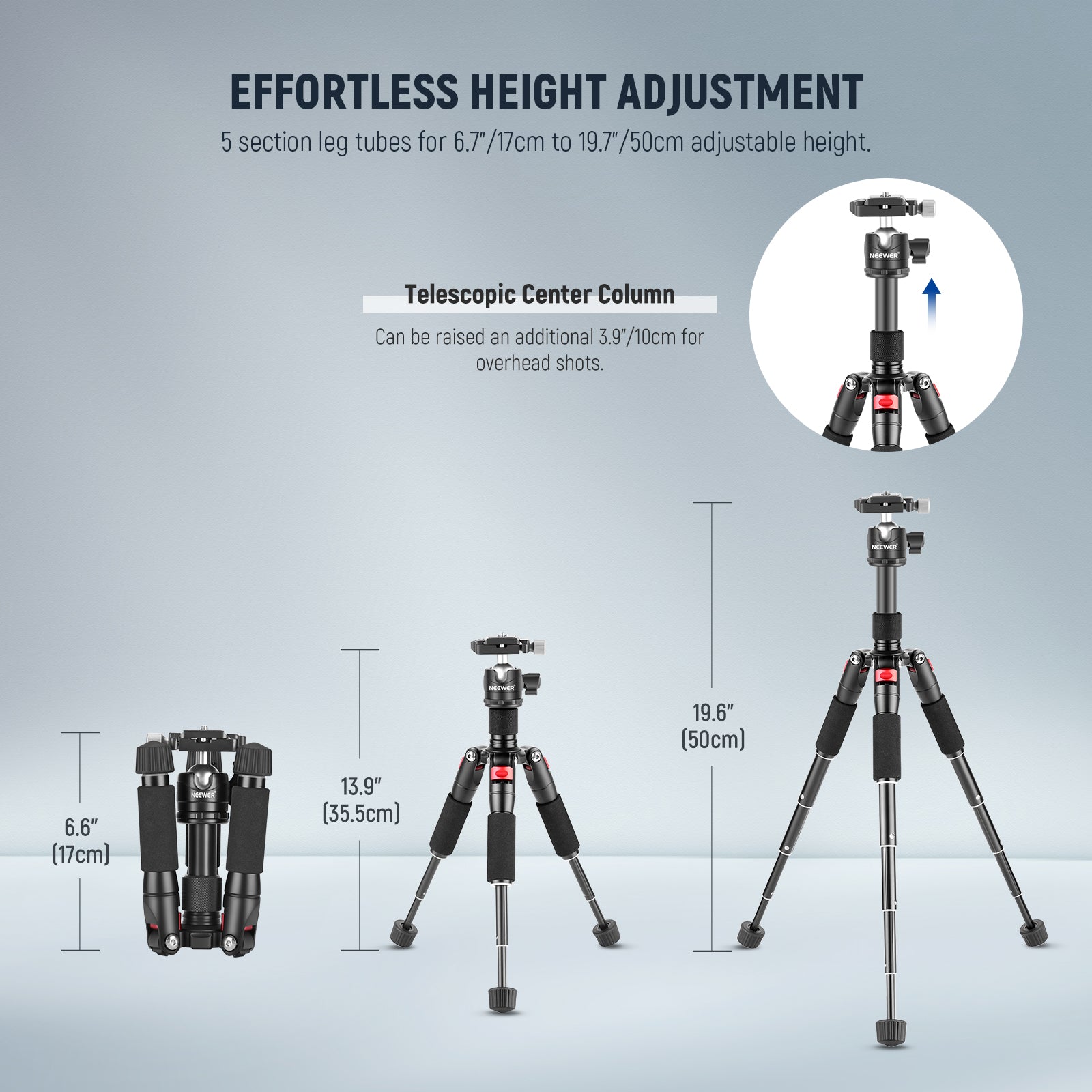 NEEWER M521 20" Aluminum Alloy Mini Camera Tripod features 5 section leg tubes.