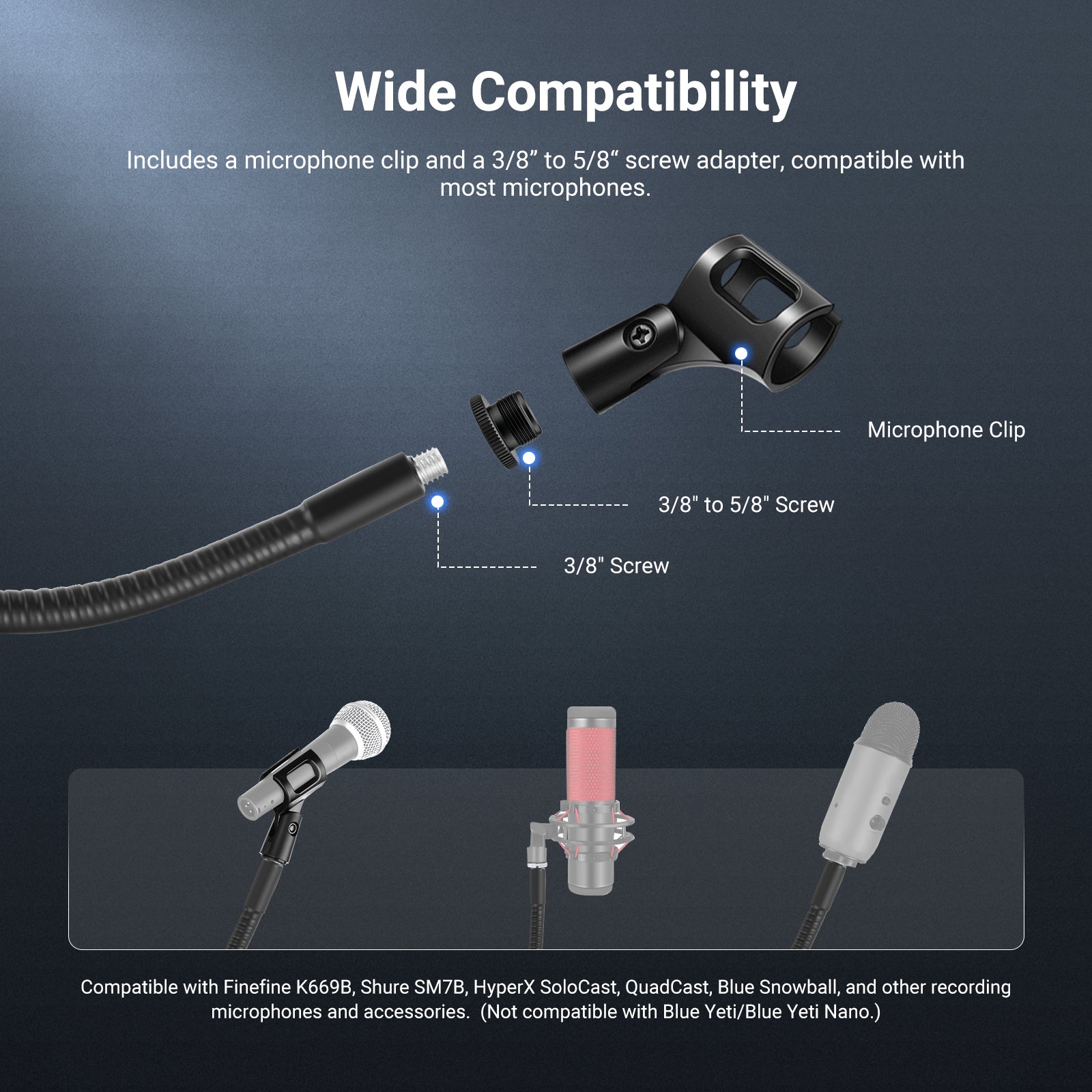 NEEWER MS016 Desk Microphone Stand components showing wide compatibility: microphone clip, 3/8 inch to 5/8 inch screw adapter, and 3/8 inch screw connector