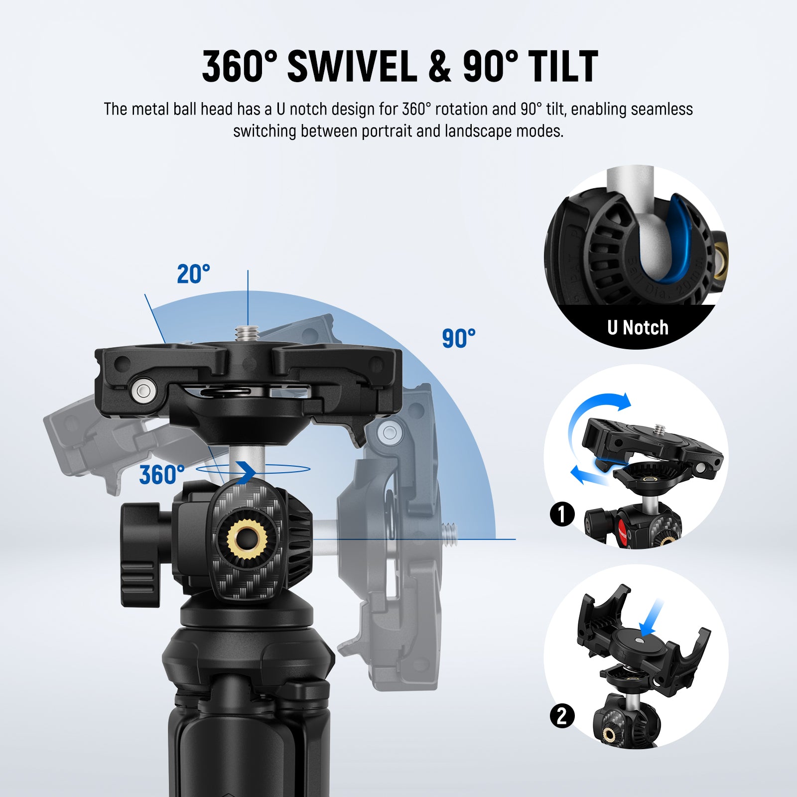 NEEWER TP35 Flexible Mini Tripod features a metal ball head with a single U notch design for 360° swivel and 90° vertical shooting