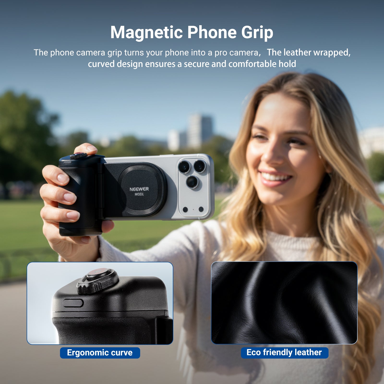 Woman taking photos with Neewer MG01 magnetic phone camera grip attached to smartphone in outdoor park setting
