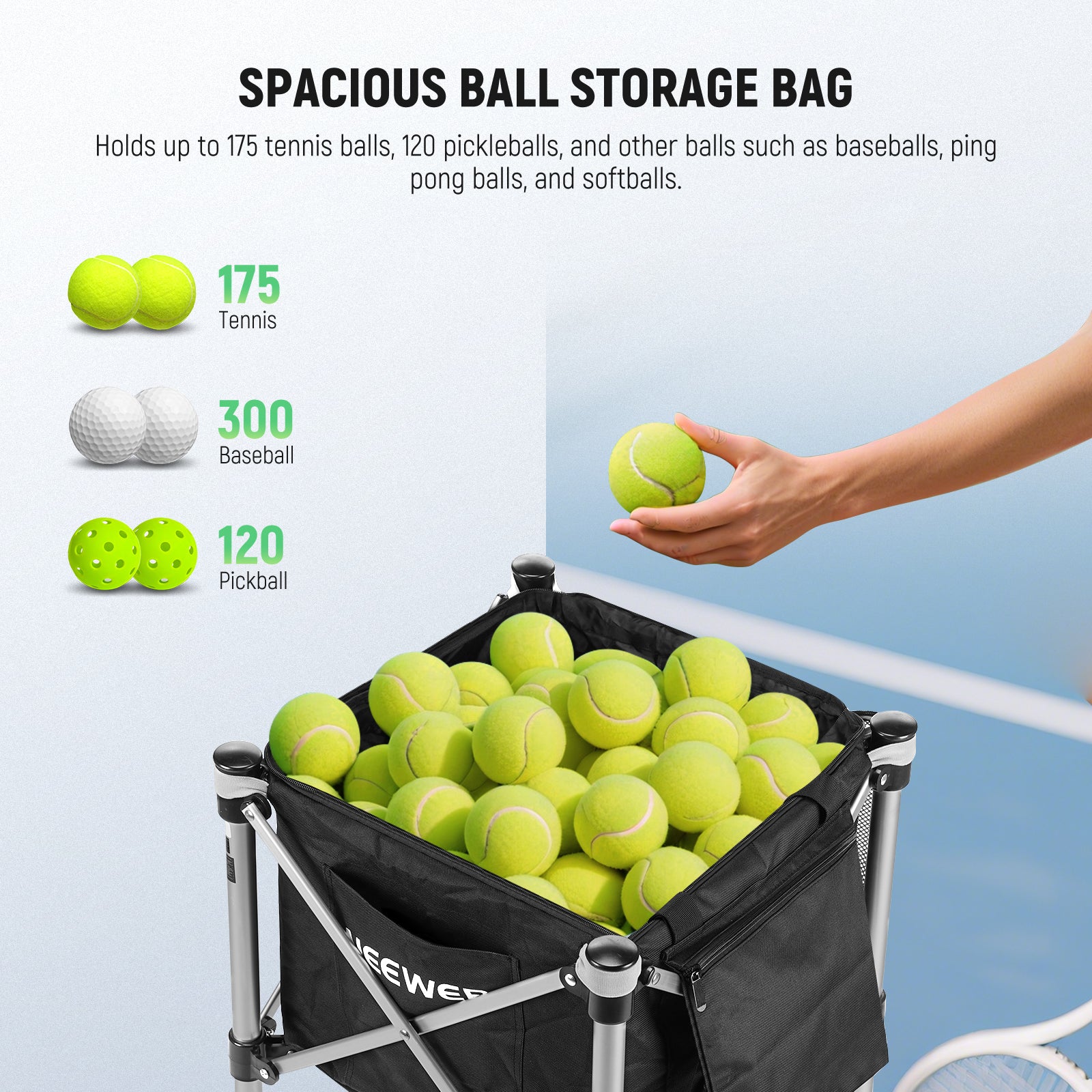 NEEWER TB02X Rolling Tennis Ball Cart with Storage Bag