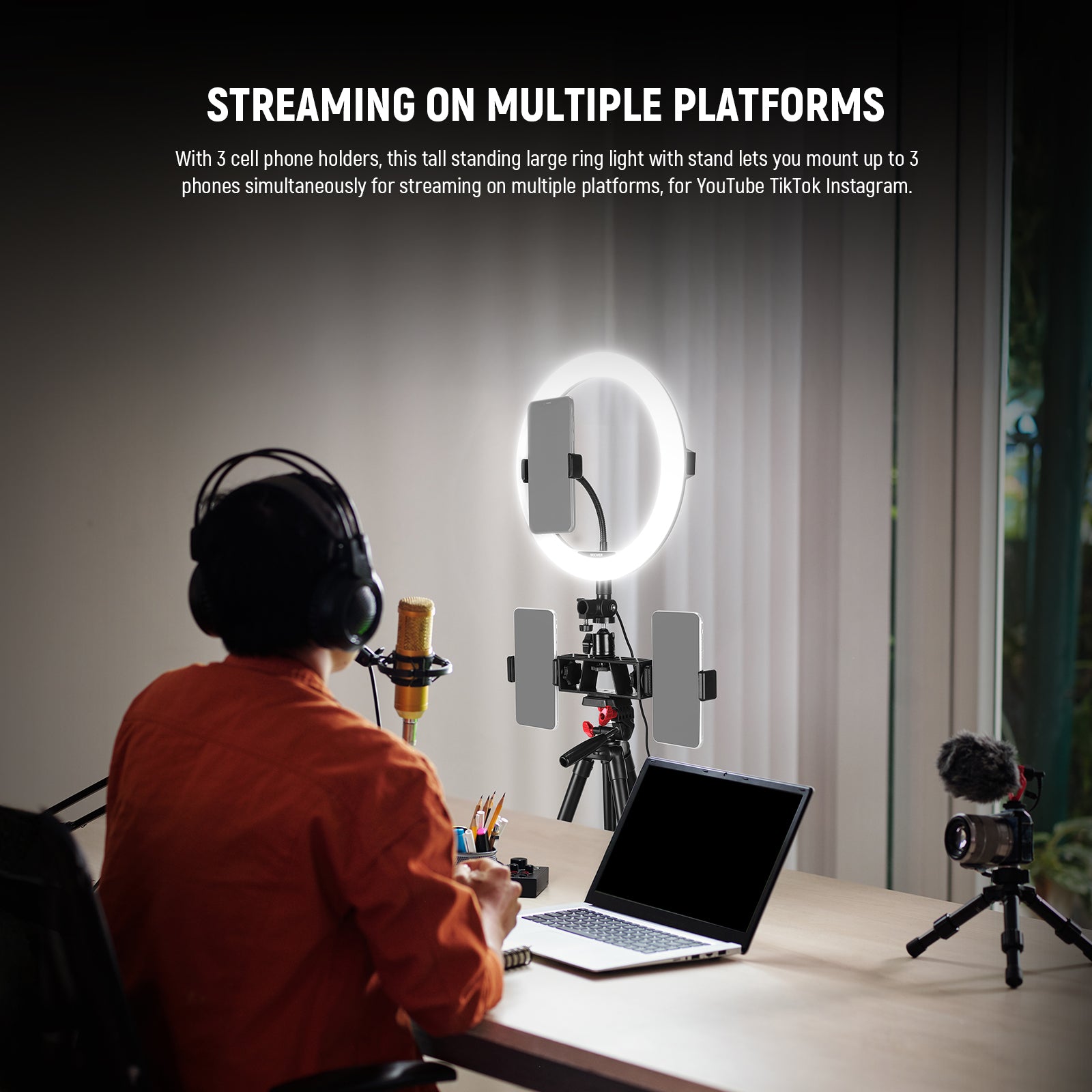 This large ring light with a stand lets you mount up to 3 phones simultaneously for streaming on multiple platforms.