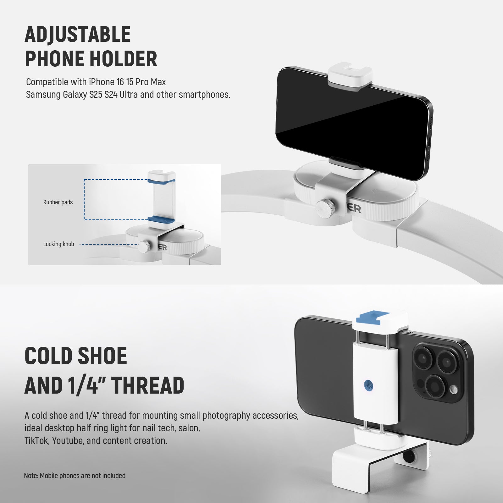 The cell phone holder of this portable NEEWER LED half circle ring light for desk is widely compatible.