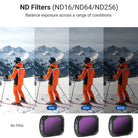 The effect of different NEEWER ND filters for Pocket 4(ND Filter, ND16, ND64, ND256) on a bright alpine skiing scene