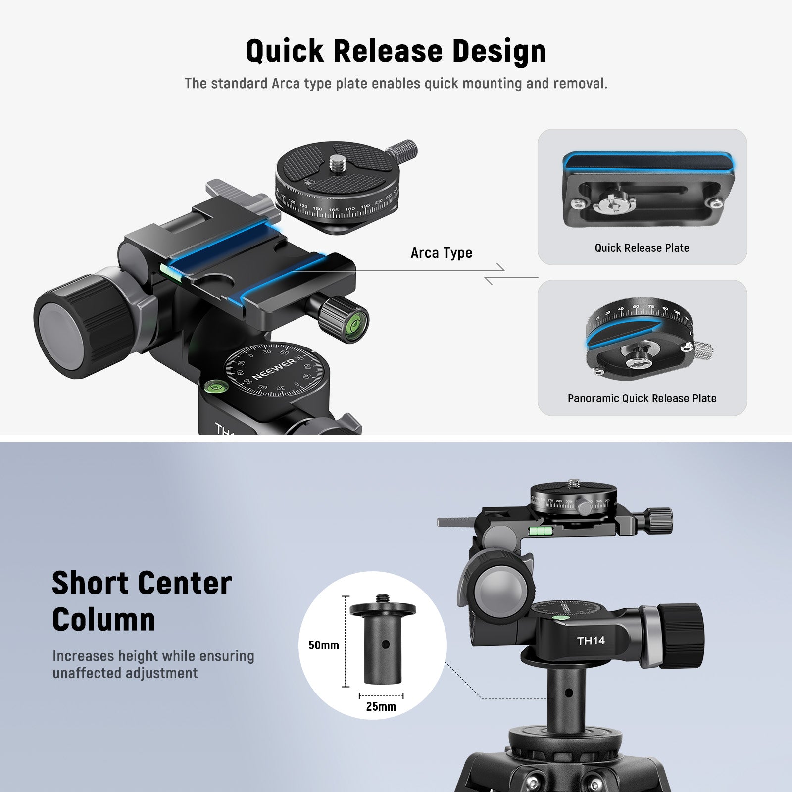 NEEWER TH14 2 Way Geared Tripod Head with QR Plate