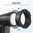 The magnetic adapter ring can directly snap onto the flash and stay firmly in place