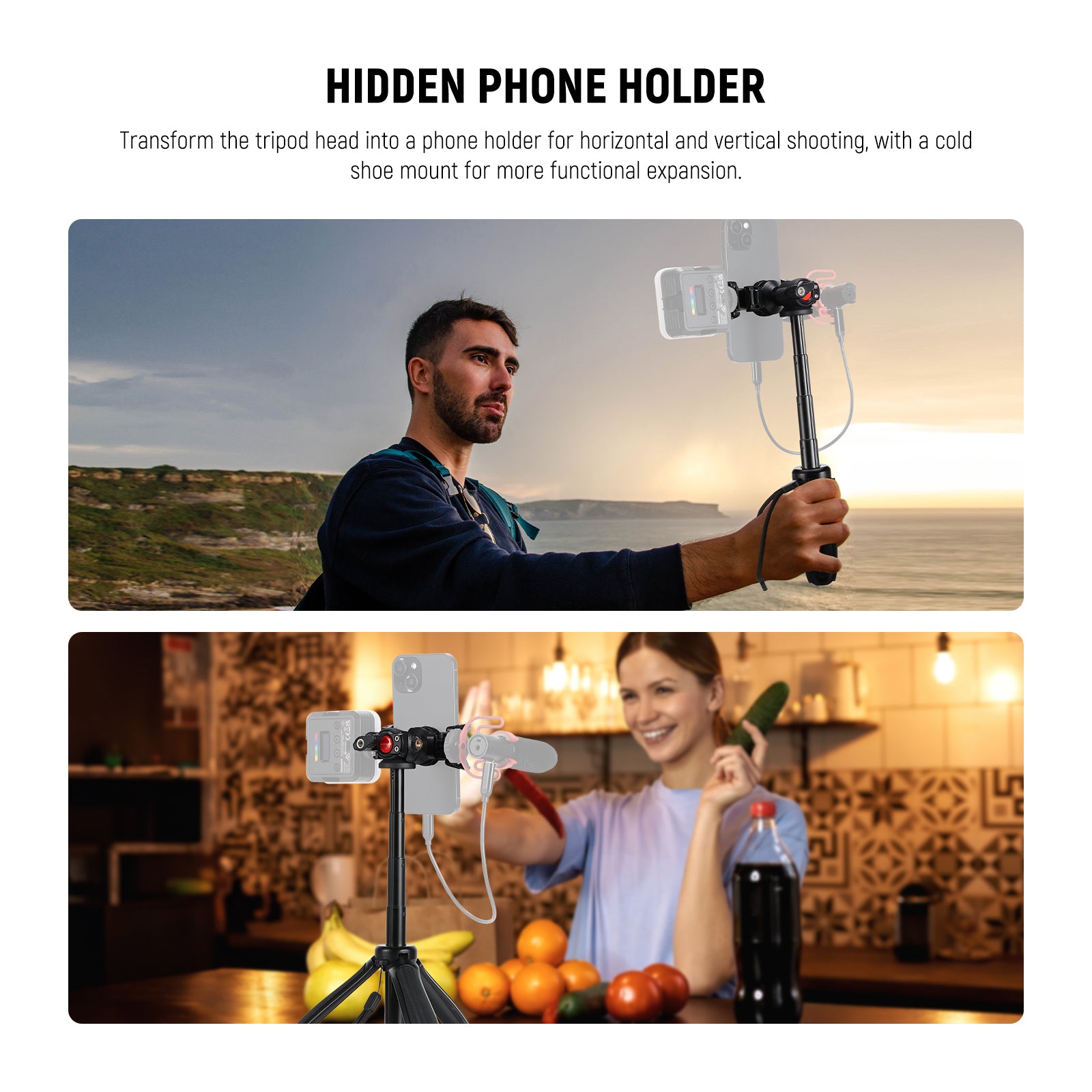 NEEWER TP38 Phone Camera Tripod features a hidden phone holder.