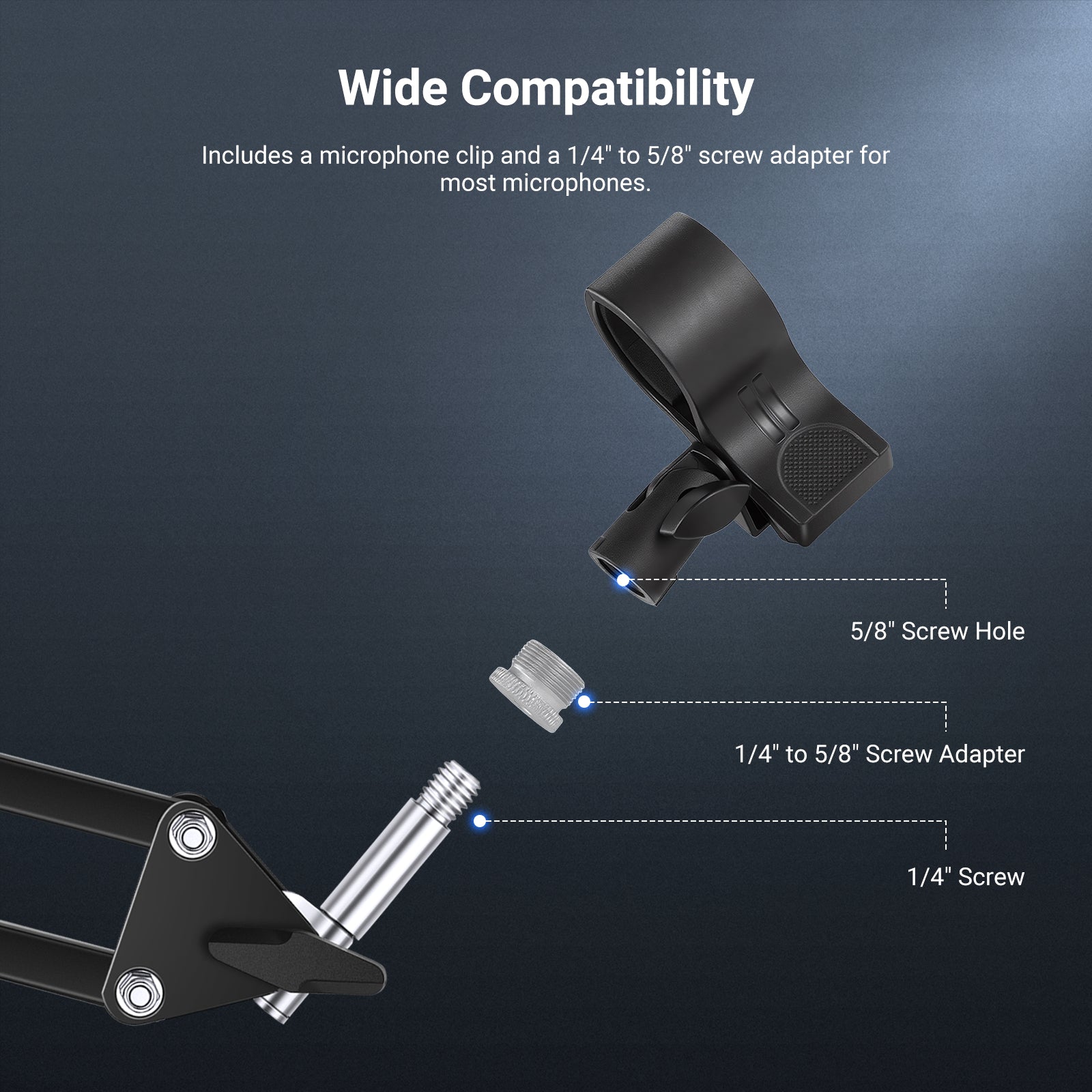 The package includes a 1/4" to 5/8" screw adapter for most microphones.