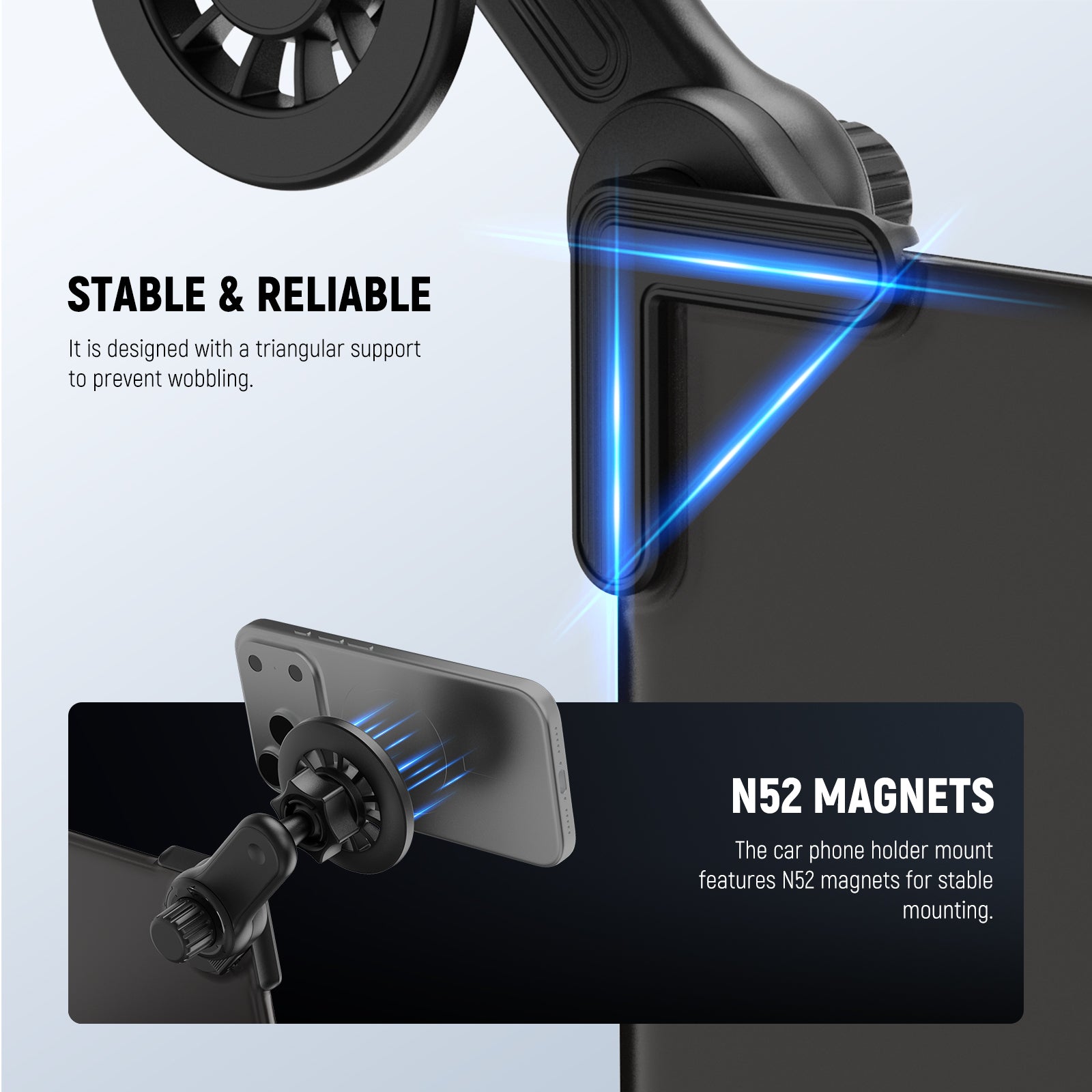 The car auto mobile phone holder mount features N52 magnets for stability on bumpy roads