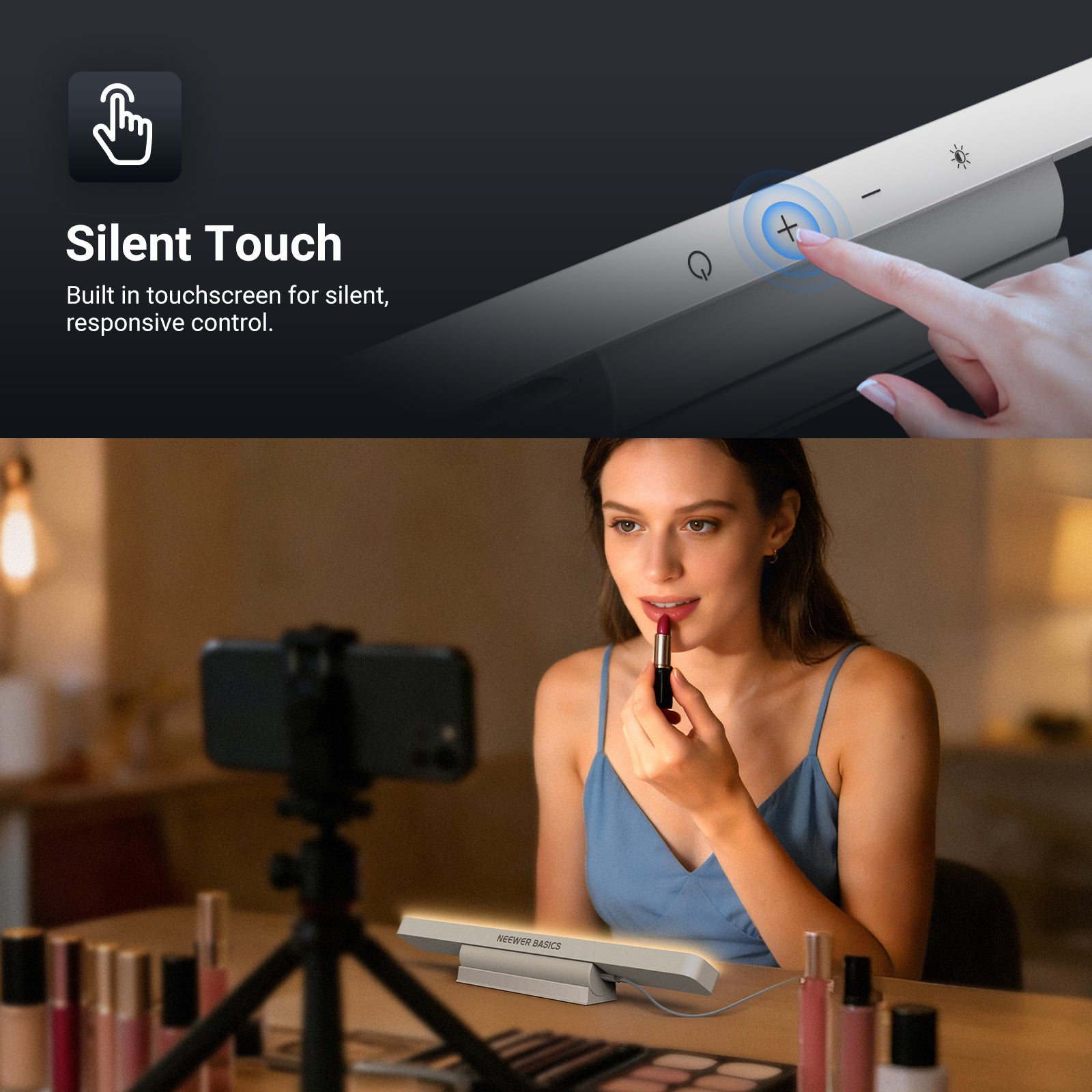 A woman doing a makeup vlog at home, using the NEEWER TL106B LED Chin Fill Light  to create soft, even illumination on her face, while filming with a smartphone on a tripod.