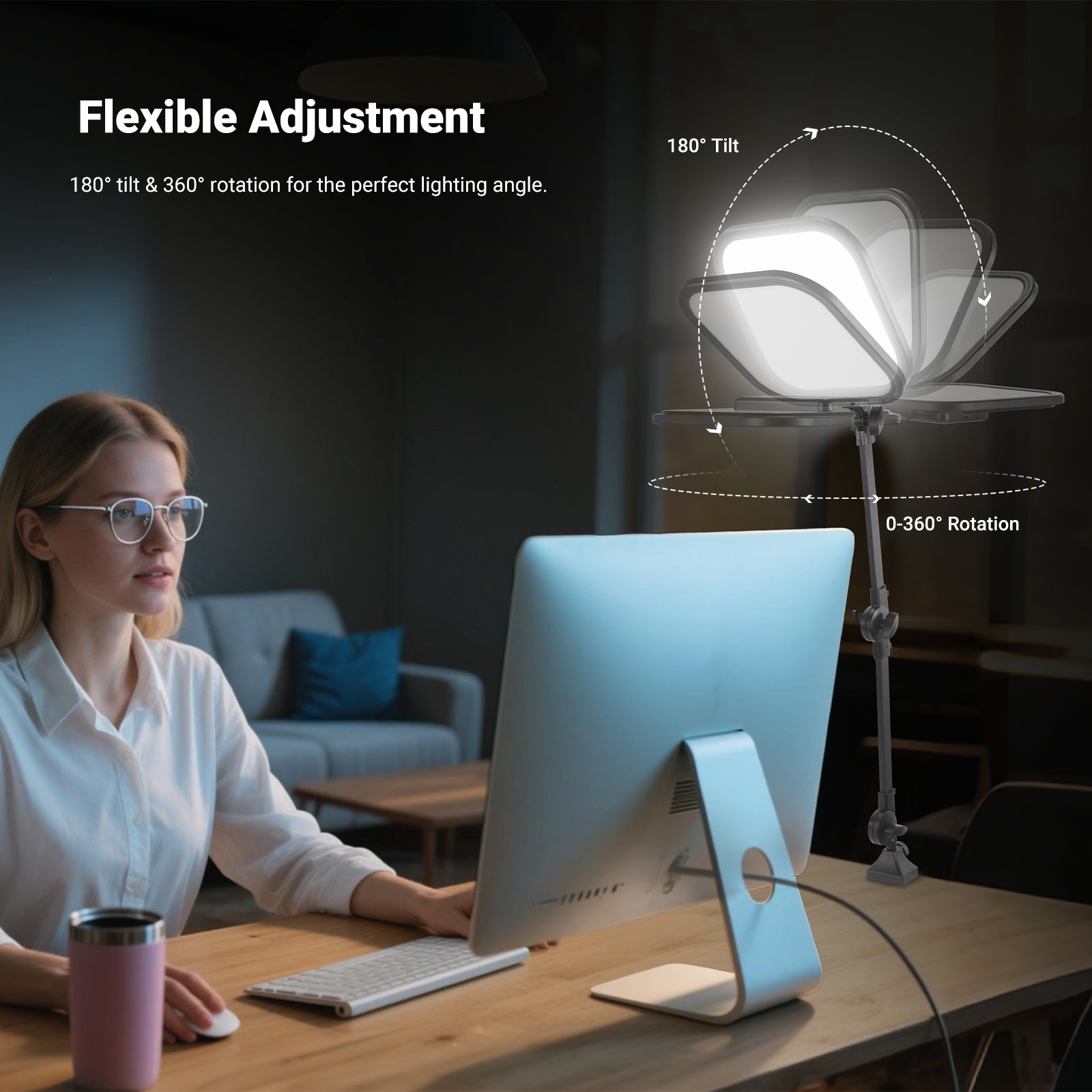 A woman works at a home office desk with an all-in-one computer, illuminated by the NEEWER L220 Bi Color Panel Light with Desk Stand.