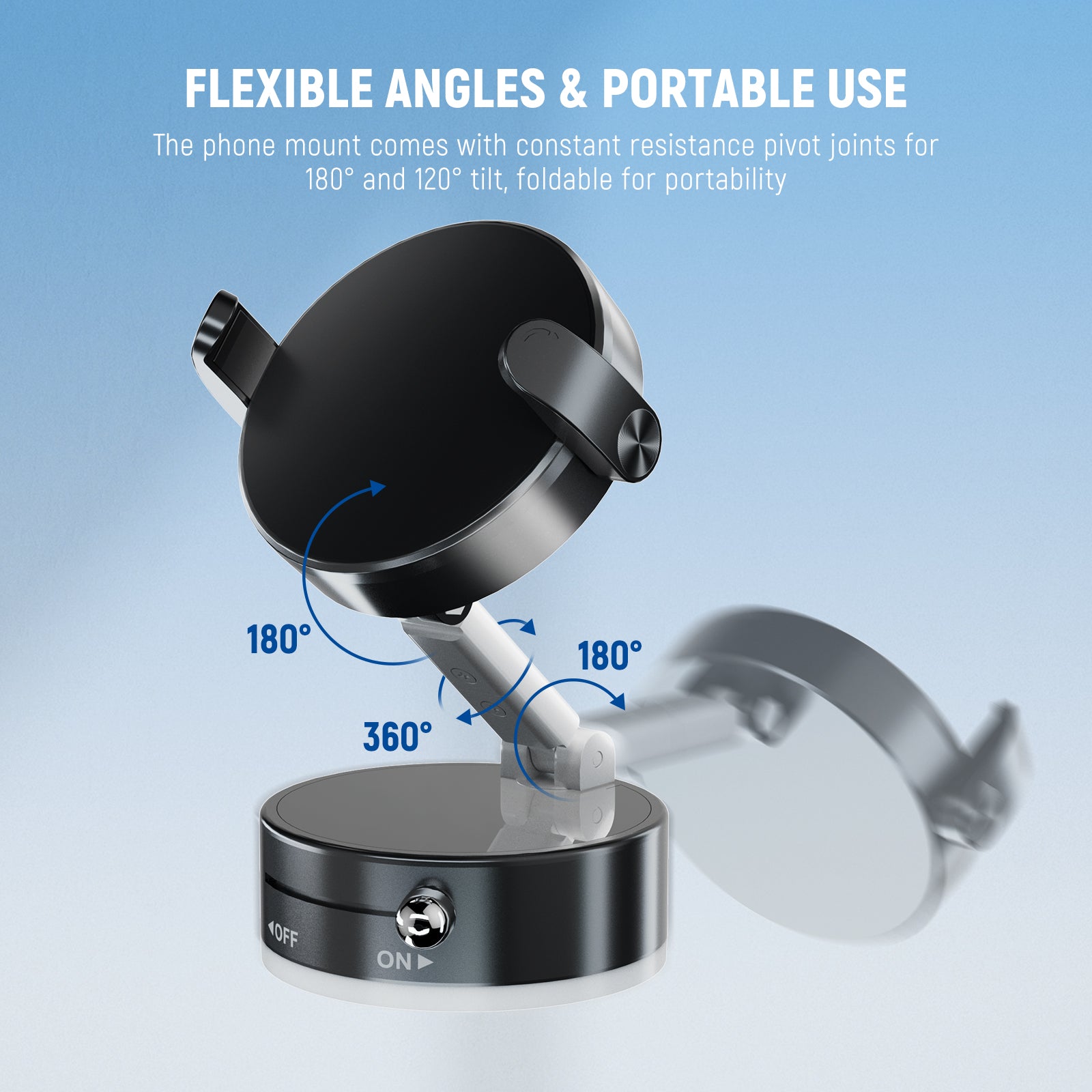 The phone mount comes with constant resistance pivot joints for 180° and 120° tilt
