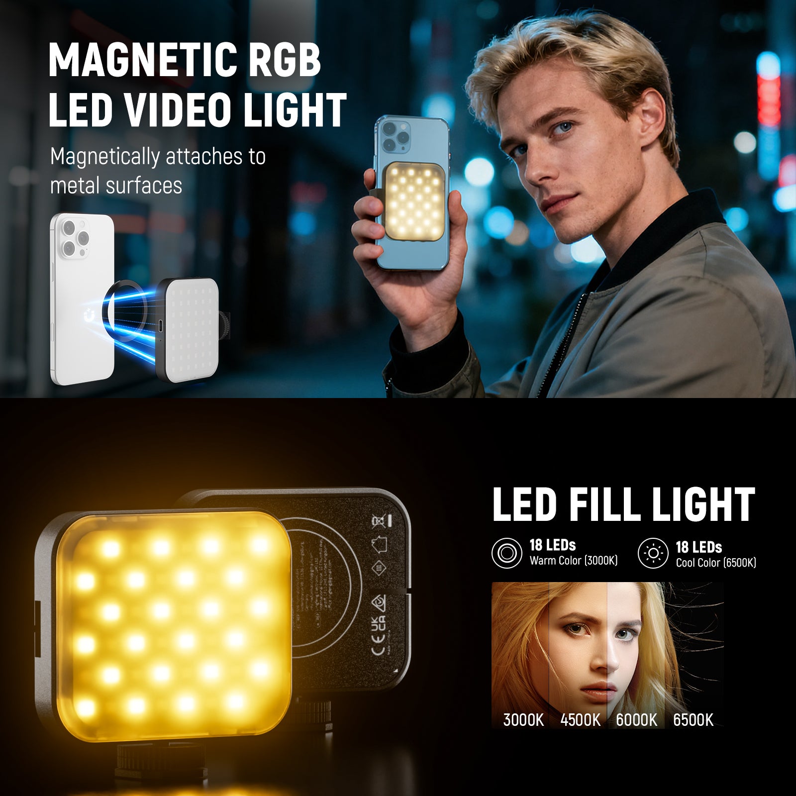 This kit includes a magnetic RGB LED video light.