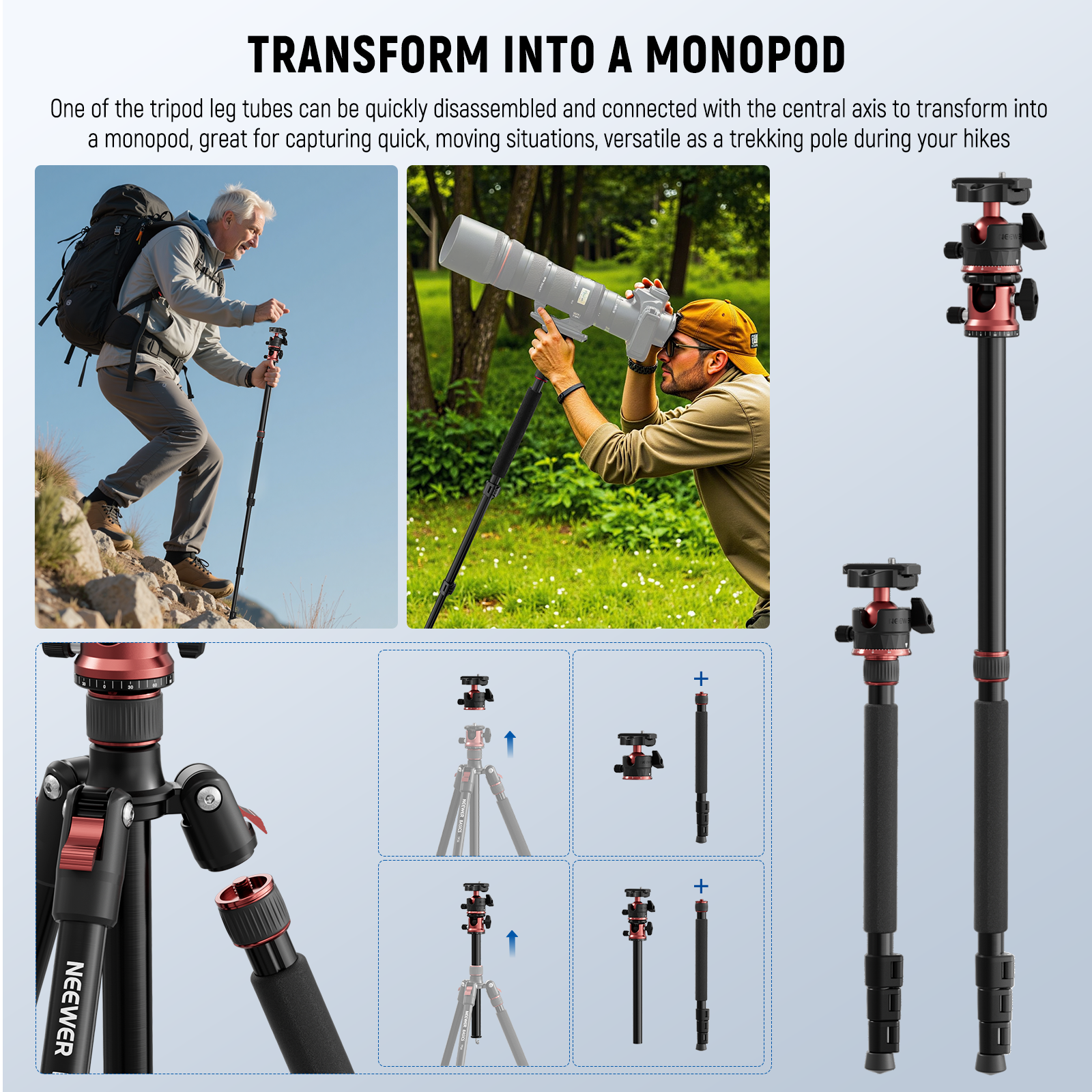 NEEWER TP16 Camera Tripod can be transformed into a monopod.