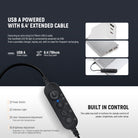 The extended cable provides greater flexibility for placement and movement during lighting setup.