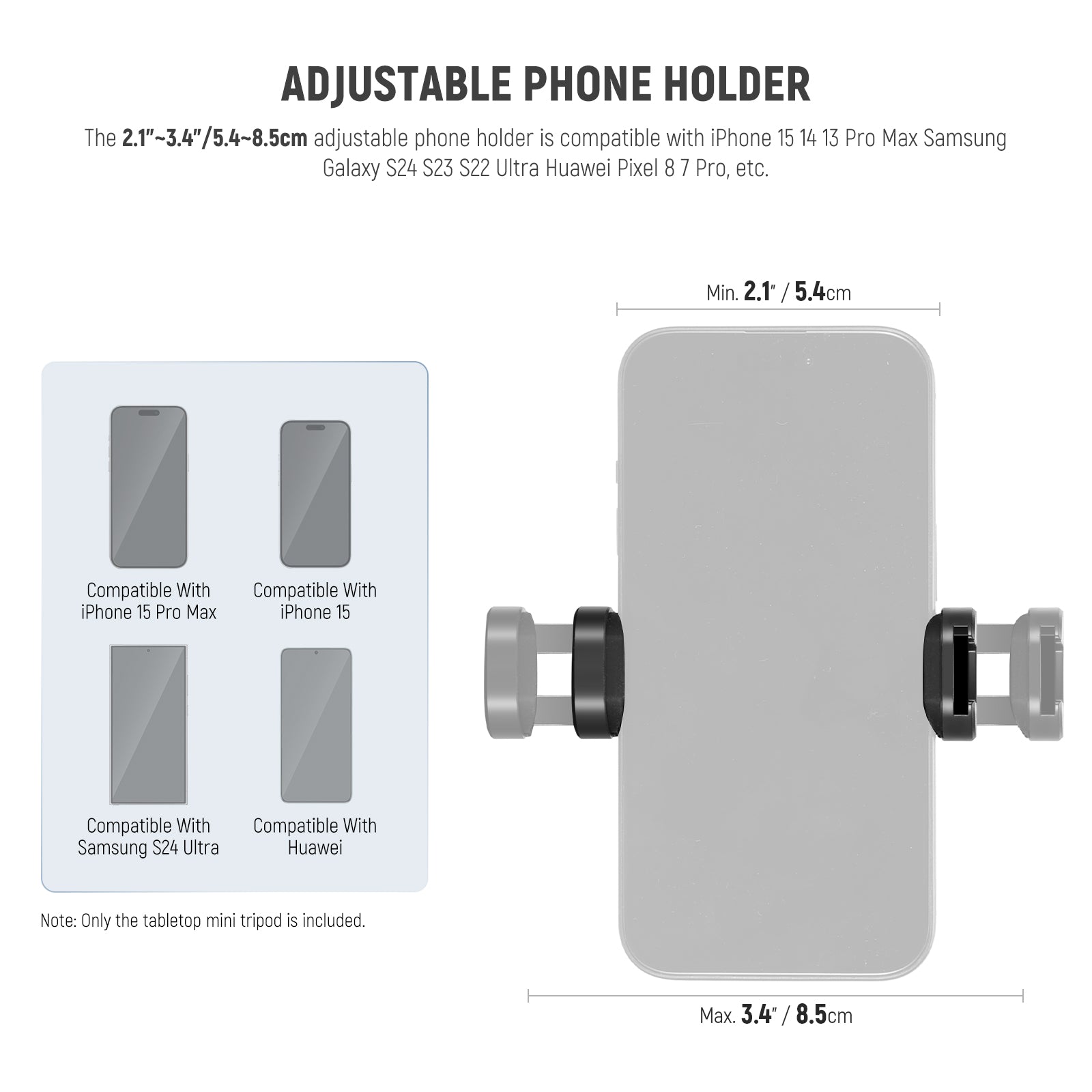 NEEWER TP09 Carbon Fiber Mini Tripod Kit includes an adjustable phone holder.