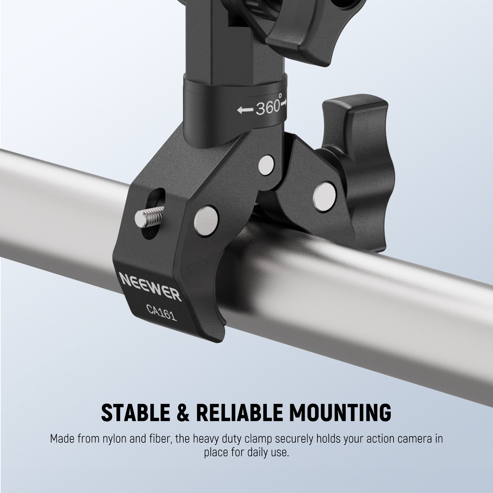 the heavy duty clamp securely holds your action camera in place for stable daily use.