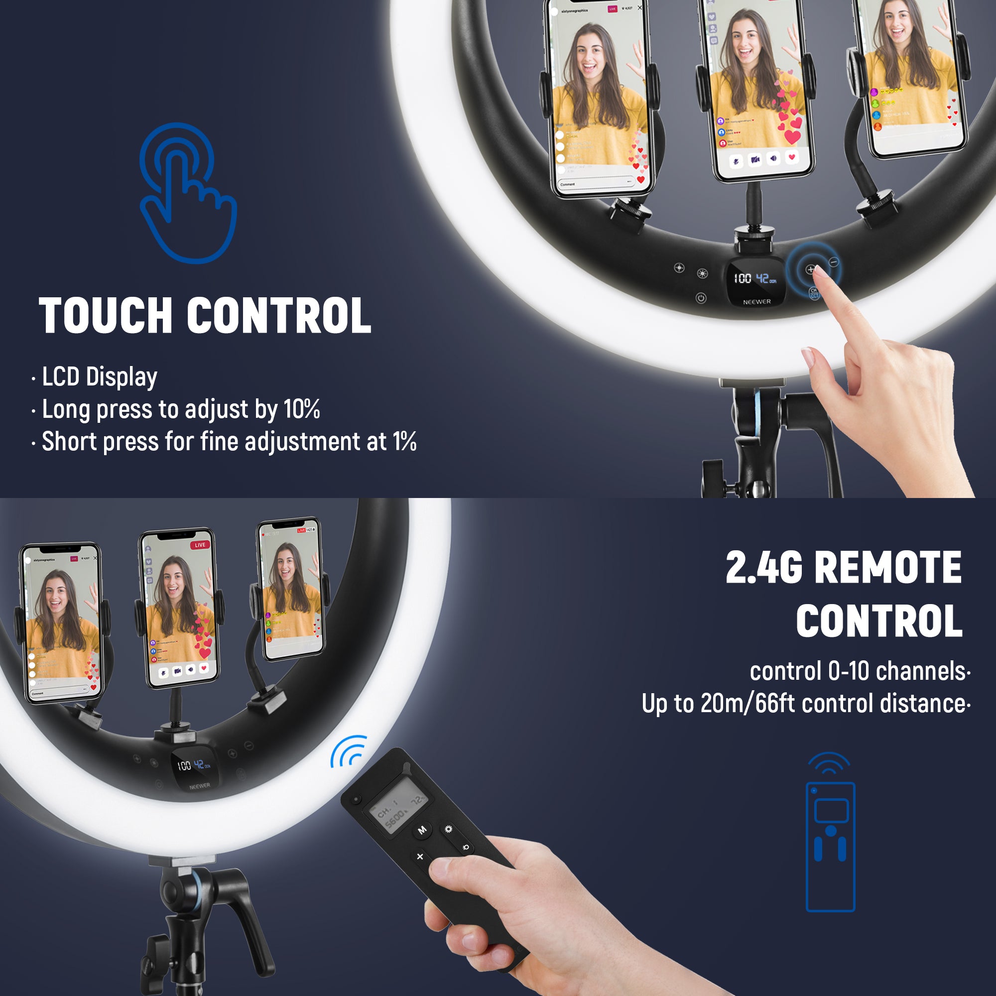 NEEWER RP19H 19 Inch LED Ring Light With 3 Phone Holders