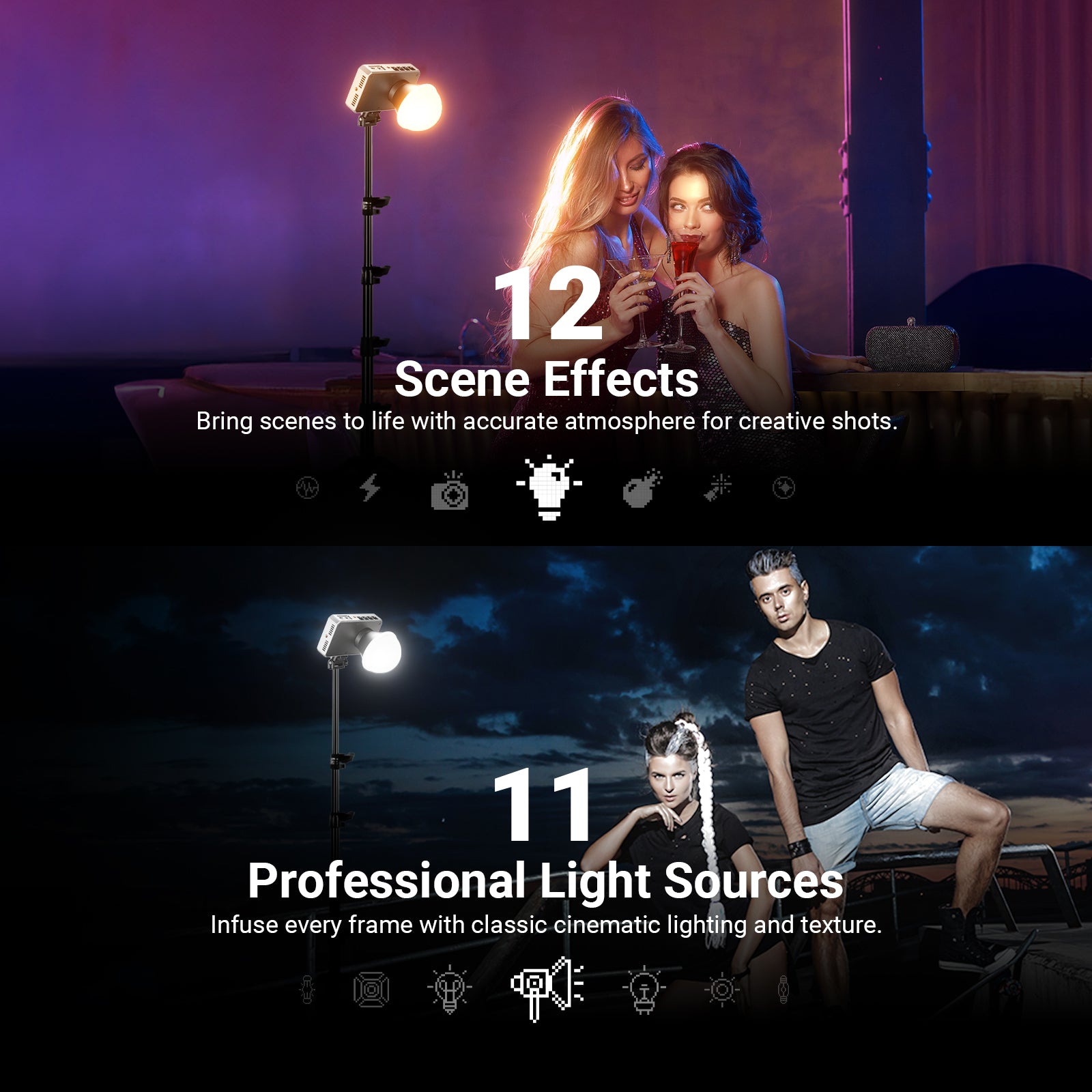 The NEEWER FS100B Bi-Color LED Video Light features 12 scene effects and 11 professional light sources.