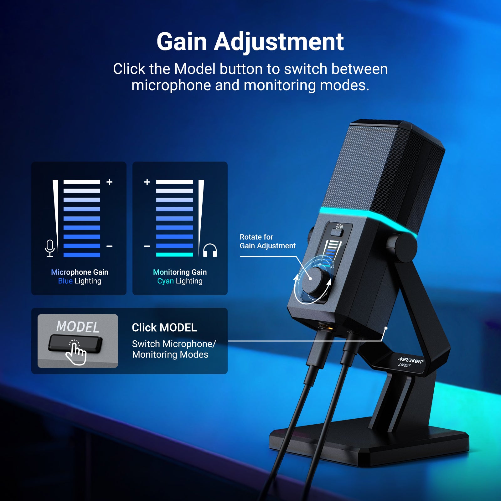 Briefly press Model button to switch gain control on microphone and headphones