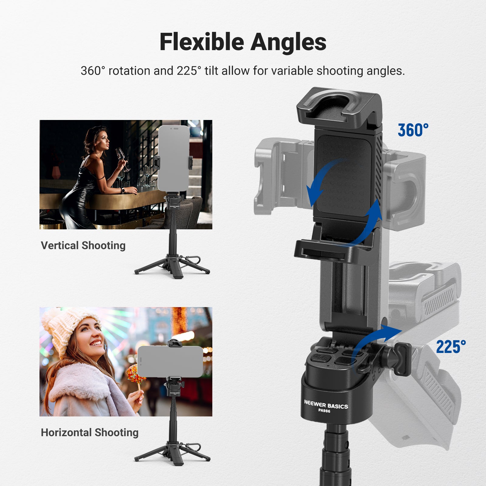 NEEWER BASICS PA986 Mini Phone Tripod Selfie Stick allows for variable shooting angles.