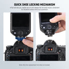 A flip lock lets you rapidly secure and release the hot shoe mount