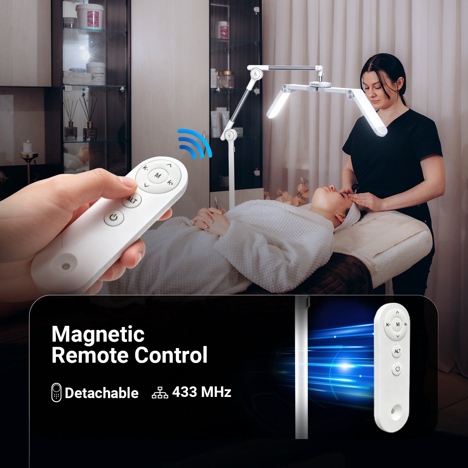 A lash technician performs a treatment on a client in a modern beauty salon, with a hand holding a white remote control to adjust the NEEWER BASICS HM06-D LED Lash Light.