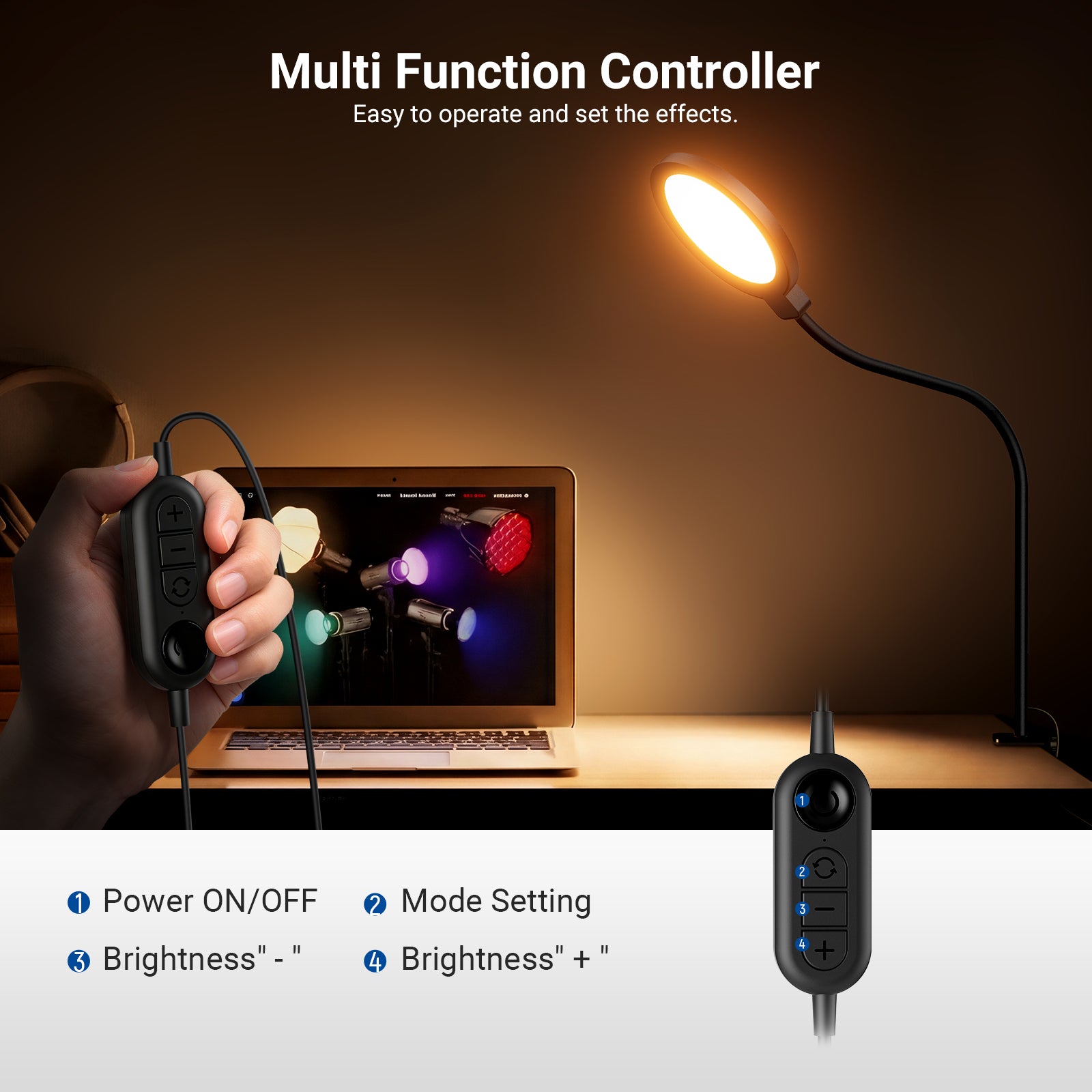 A hand holds an in-line control switch to adjust the  NEEWER N32 Full Screen Ring Light that illuminates a laptop on a home desk.