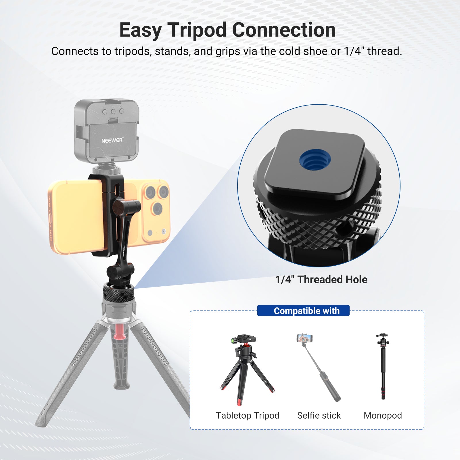 NEEWER PA154 Universal Adjustable Metal Phone Holder mounted on a mini tripod, securely holding a smartphone with a NEEWER fill light attached to its top cold shoe mount.