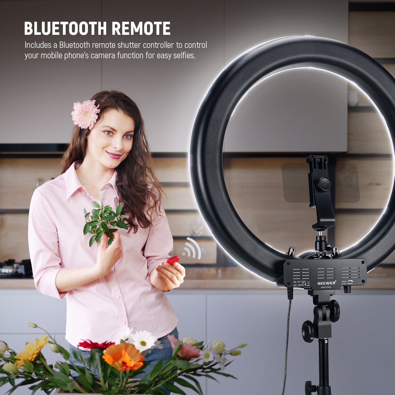 This ring light kit includes an RT107 Bluetooth remote