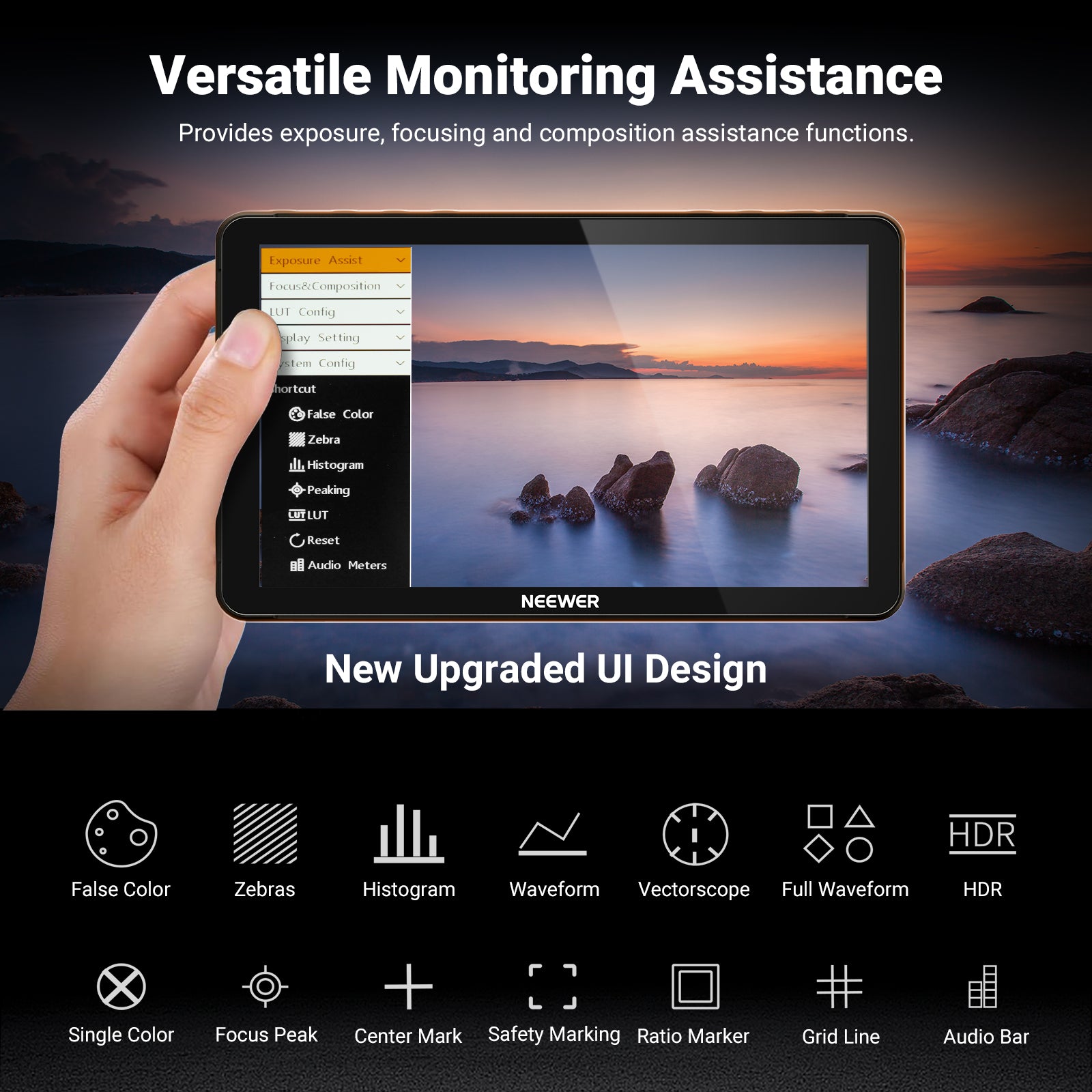 NEEWER F700U Camera Field Monitor provides exposure, focusing, and composition assistance functions.