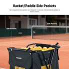Two integrated side pockets are designed to securely hold pickleball paddles or tennis rackets