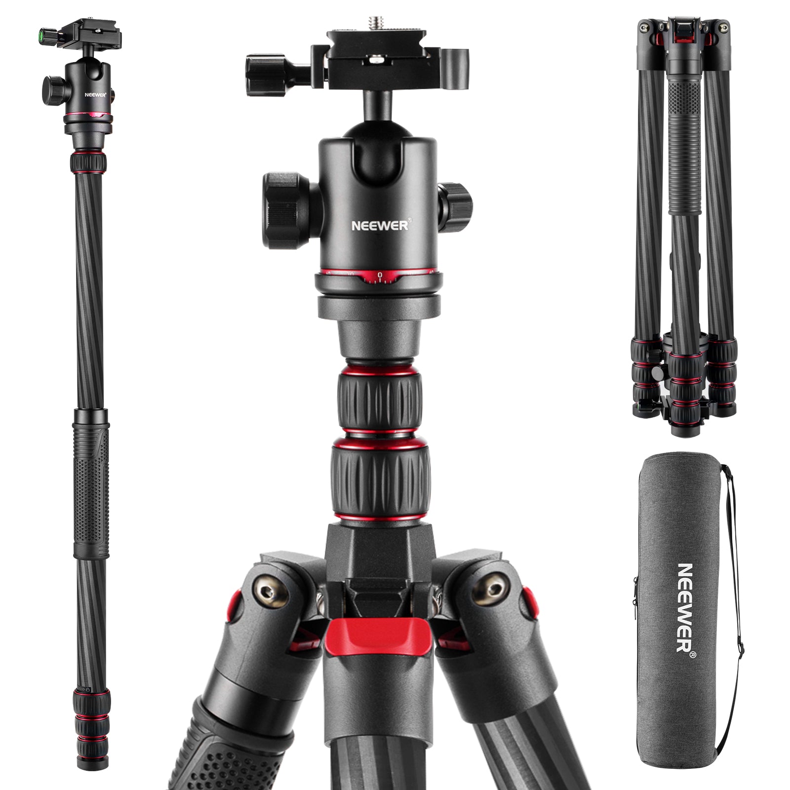 NEEWER N55CR Carbon Fiber Tripod with 2 Section Center Axes - NEEWER