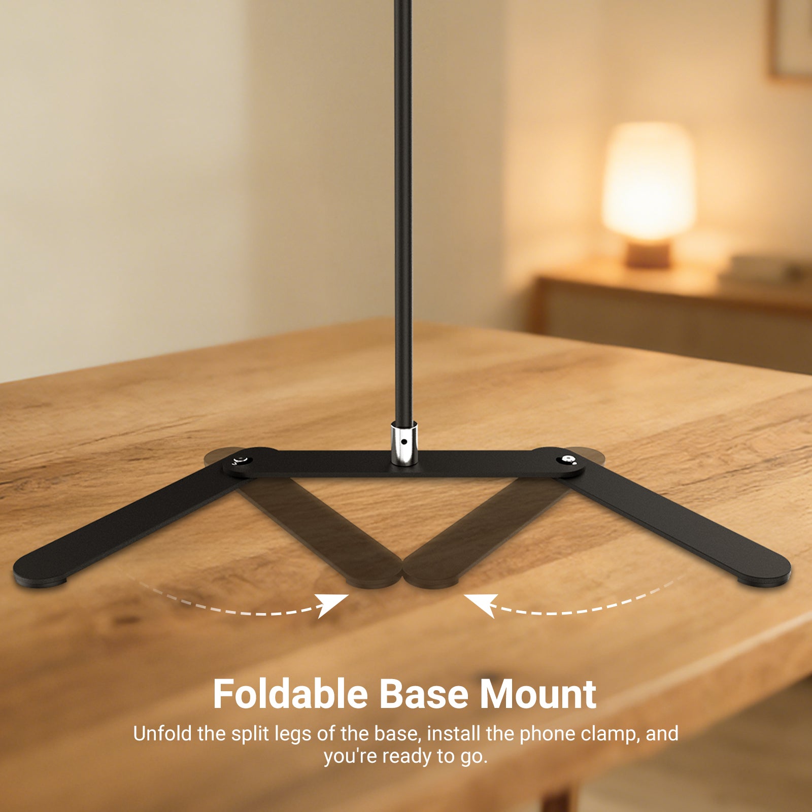 The overhead phone stand features an adjustable foldable base with non-slip pads for stable desk placement.