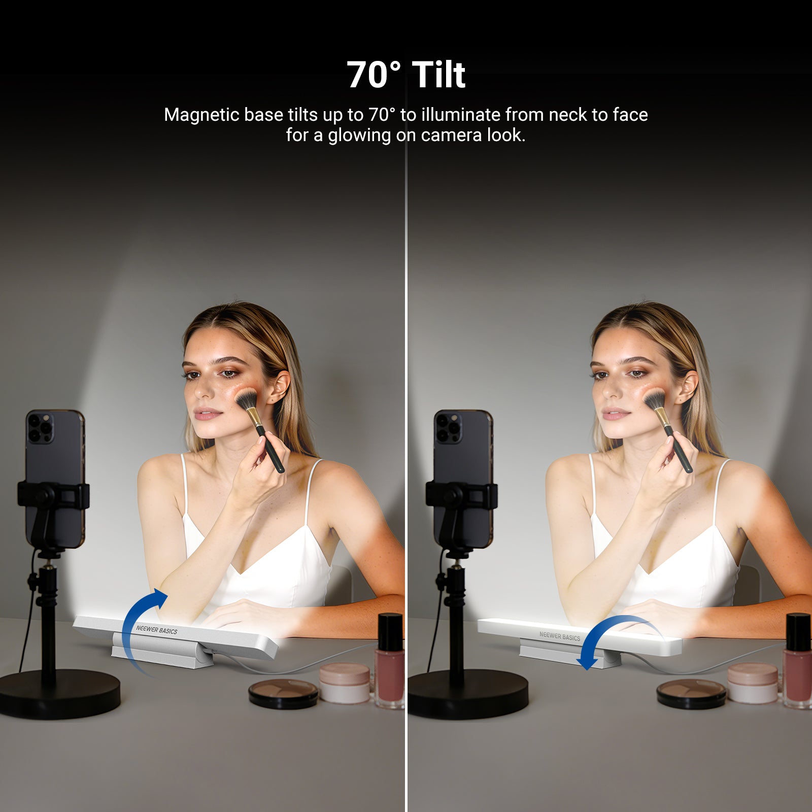 The magnetic base allows the NEEWER TL106B LED Chin Fill Light to pivot up to 70 degrees.