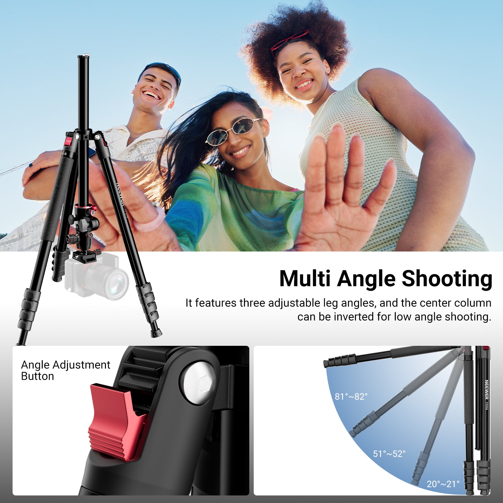 NEEWER TP014 Overhead Horizontal Camera Tripod Monopod features three adjustable leg angles.