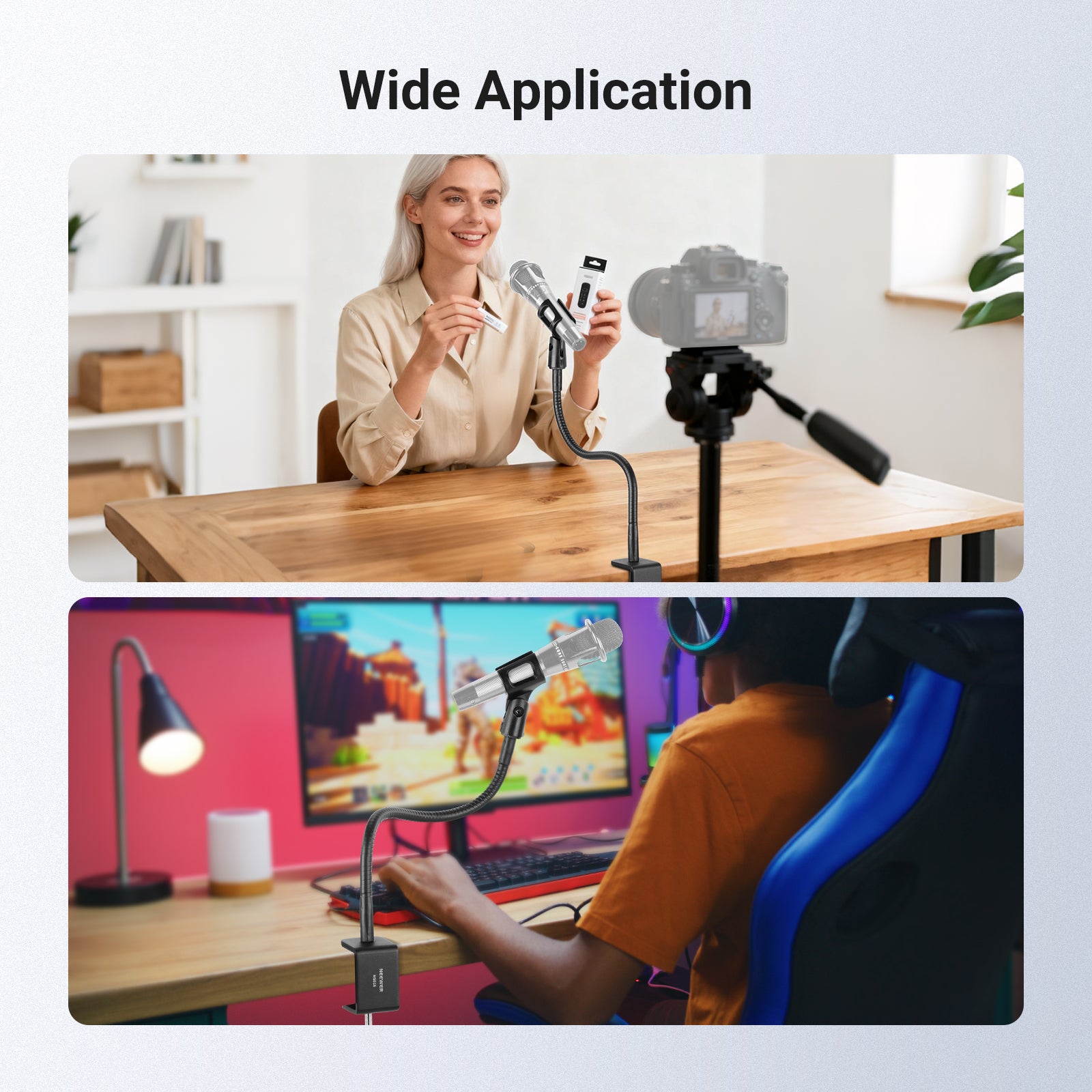 NEEWER MS016 Desk Microphone Stand in use: for online teaching with camera recording and for gaming streaming in colorful setup