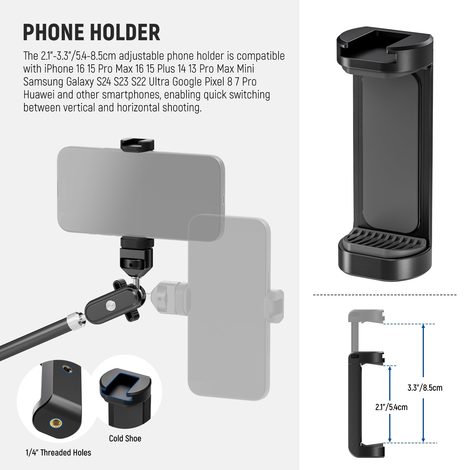 NEEWER UA056 Articulating Magic Arm Kit includes a phone holder.
