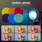 Six vibrant color gels (red, orange, yellow, green, blue, purple) offer dynamic lighting options.