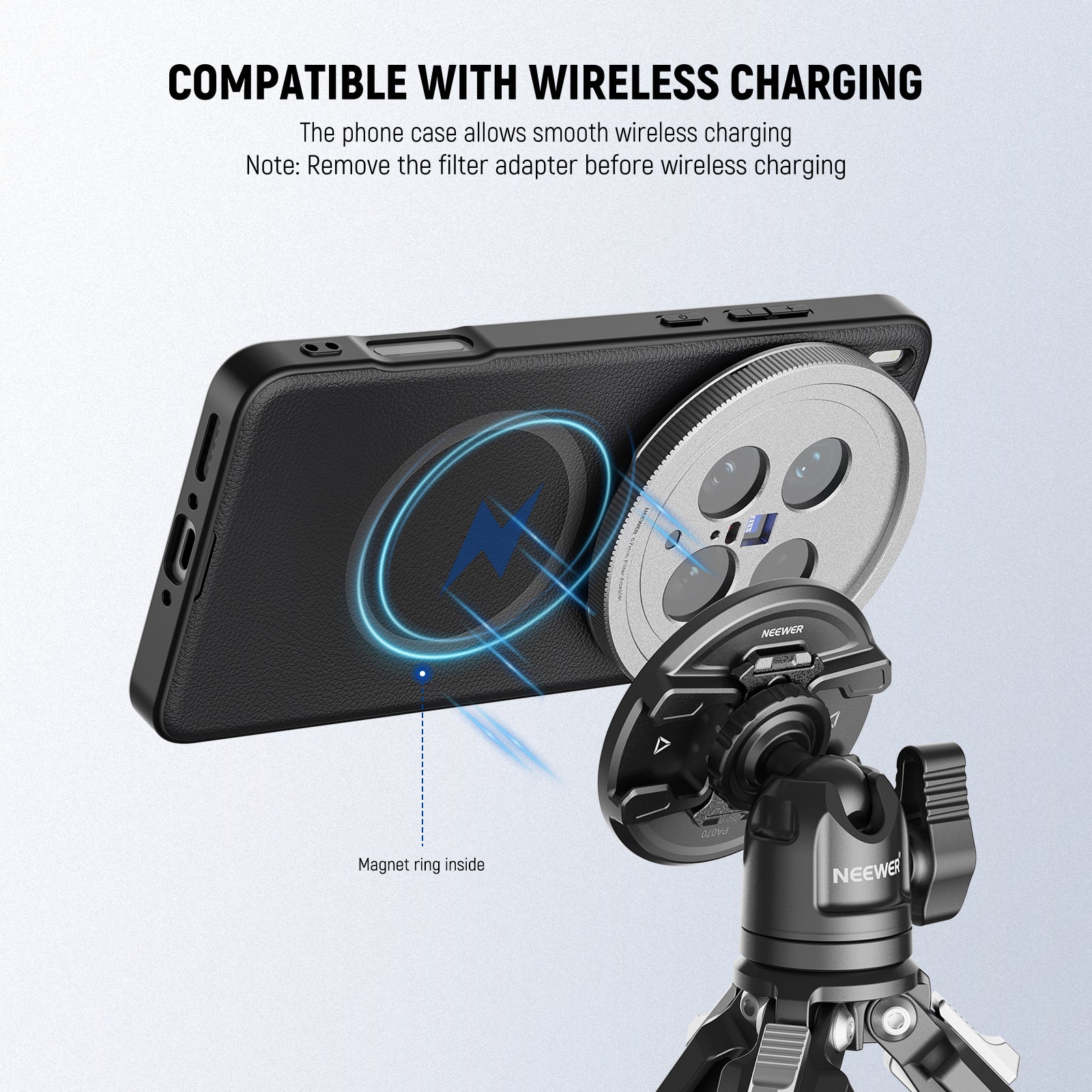 The phone case allows smooth wireless charging and works with different magnetic accessories.