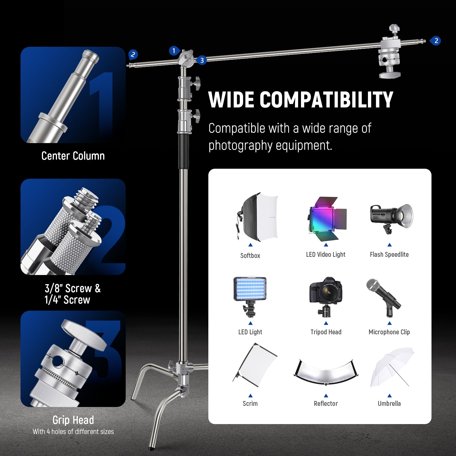 NEEWER 10ft/305cm Stainless Steel C-Stand | Light Stand