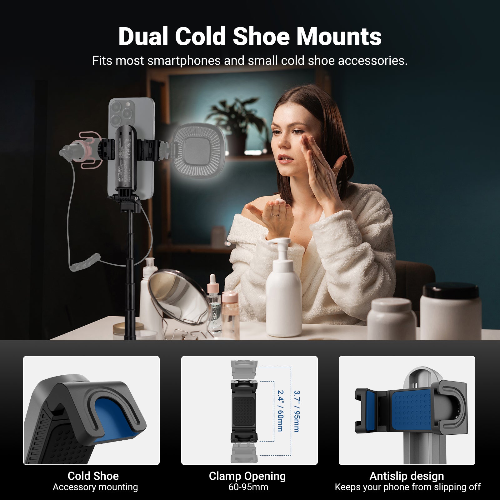 A woman uses the NEEWER BASICS PA986 Mini Phone Tripod Selfie Stick to film makeup tutorials.