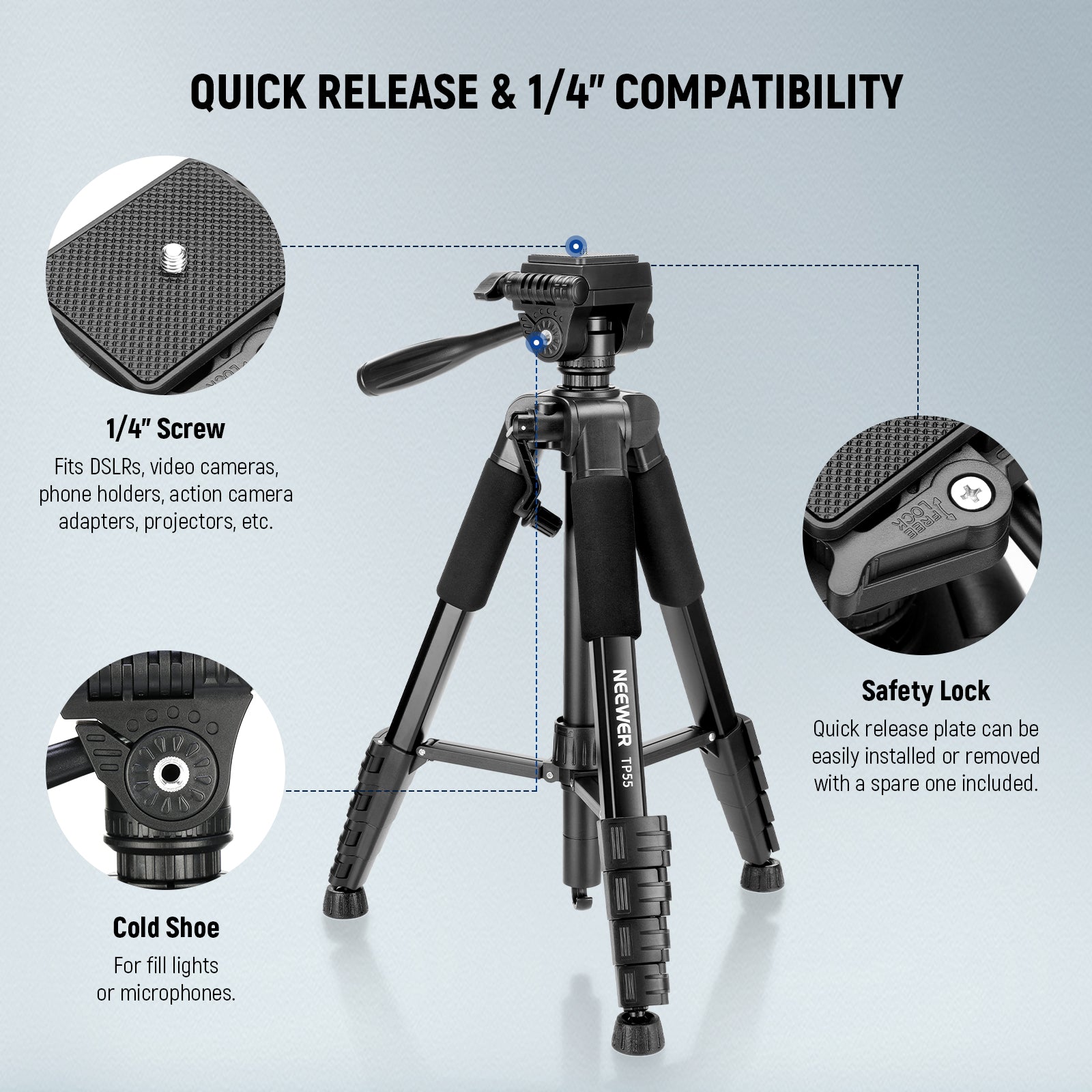 NEEWER TP55 Camera Tripod has wide compatibility.