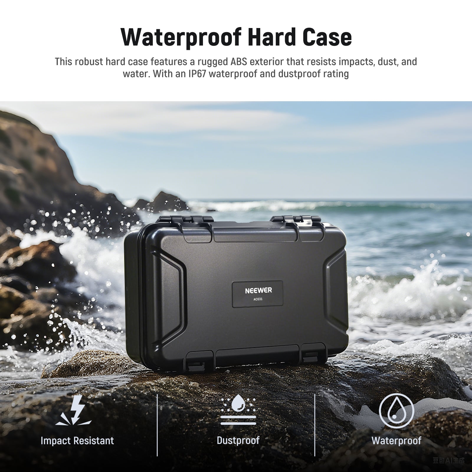 This robust ABS hard case with an IP67 waterproof and dustproof rating can resist impacts, dust, and water