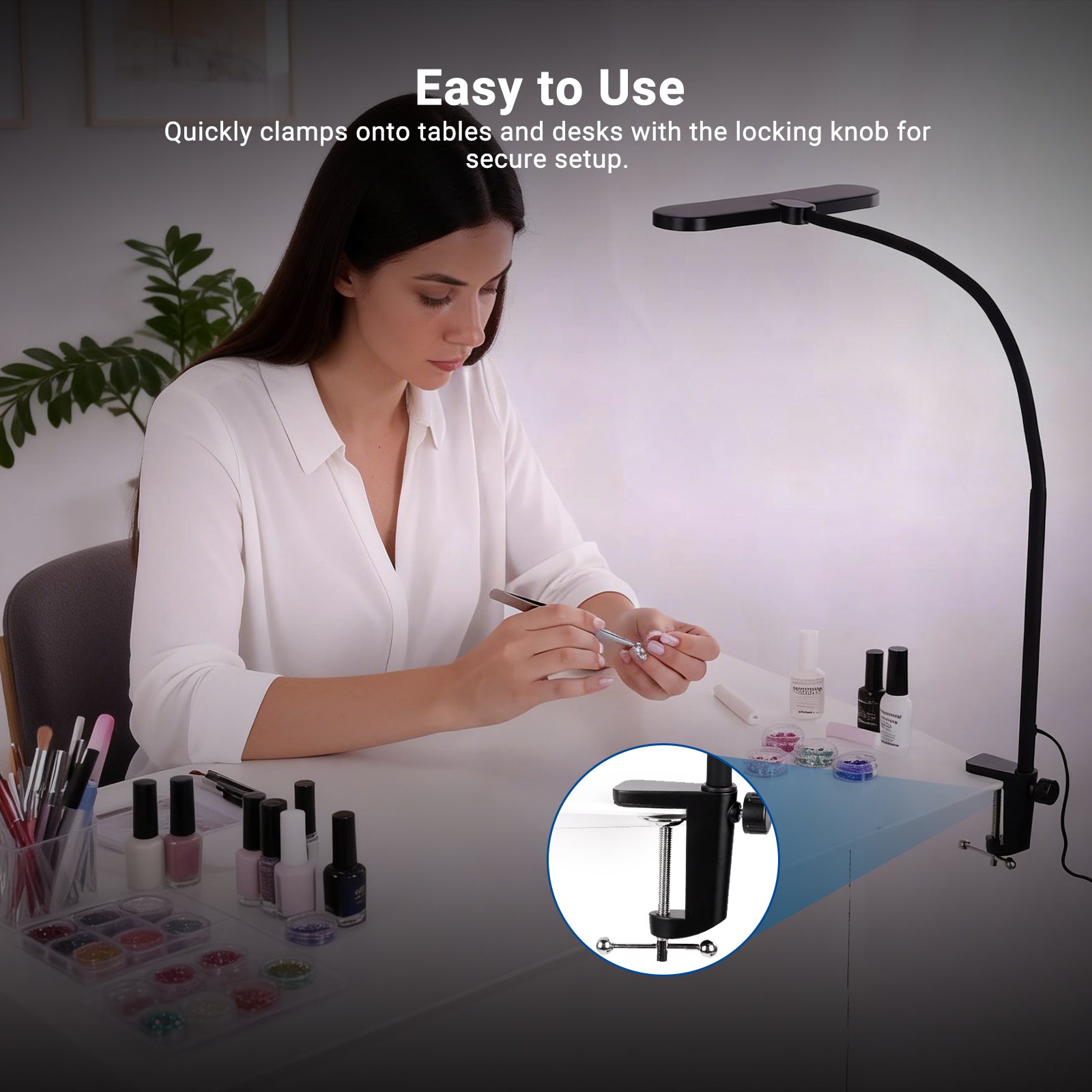 A woman does her own manicure at a desk, illuminated by a flexible, adjustable LED desk lamp with nail polish supplies nearby.