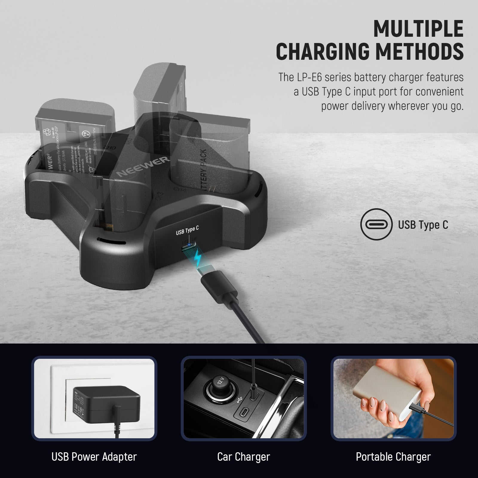 The Portable LP-E6N battery charger features a USB Type C input port