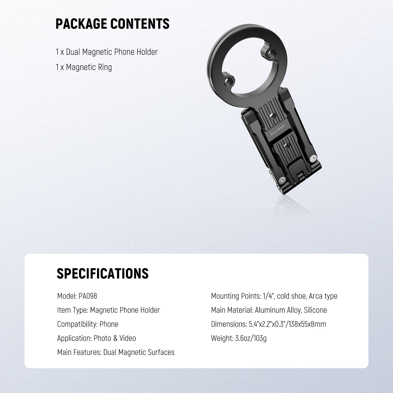 Specifications of the NEEWER PA098 Magnetic Phone Stand