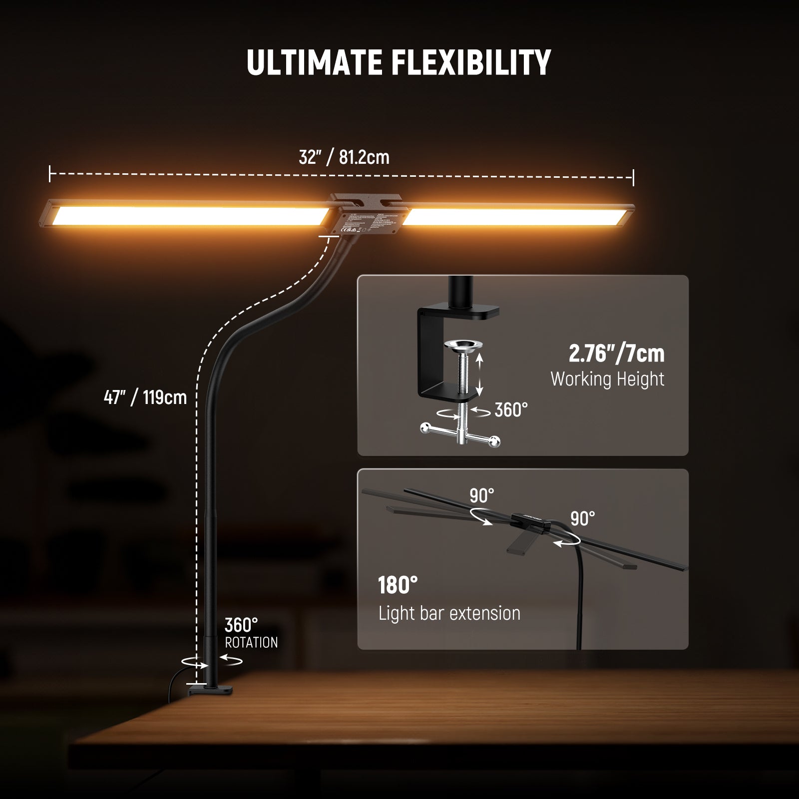 The portable desk top lamp features a flexible neck that extends up to 47".