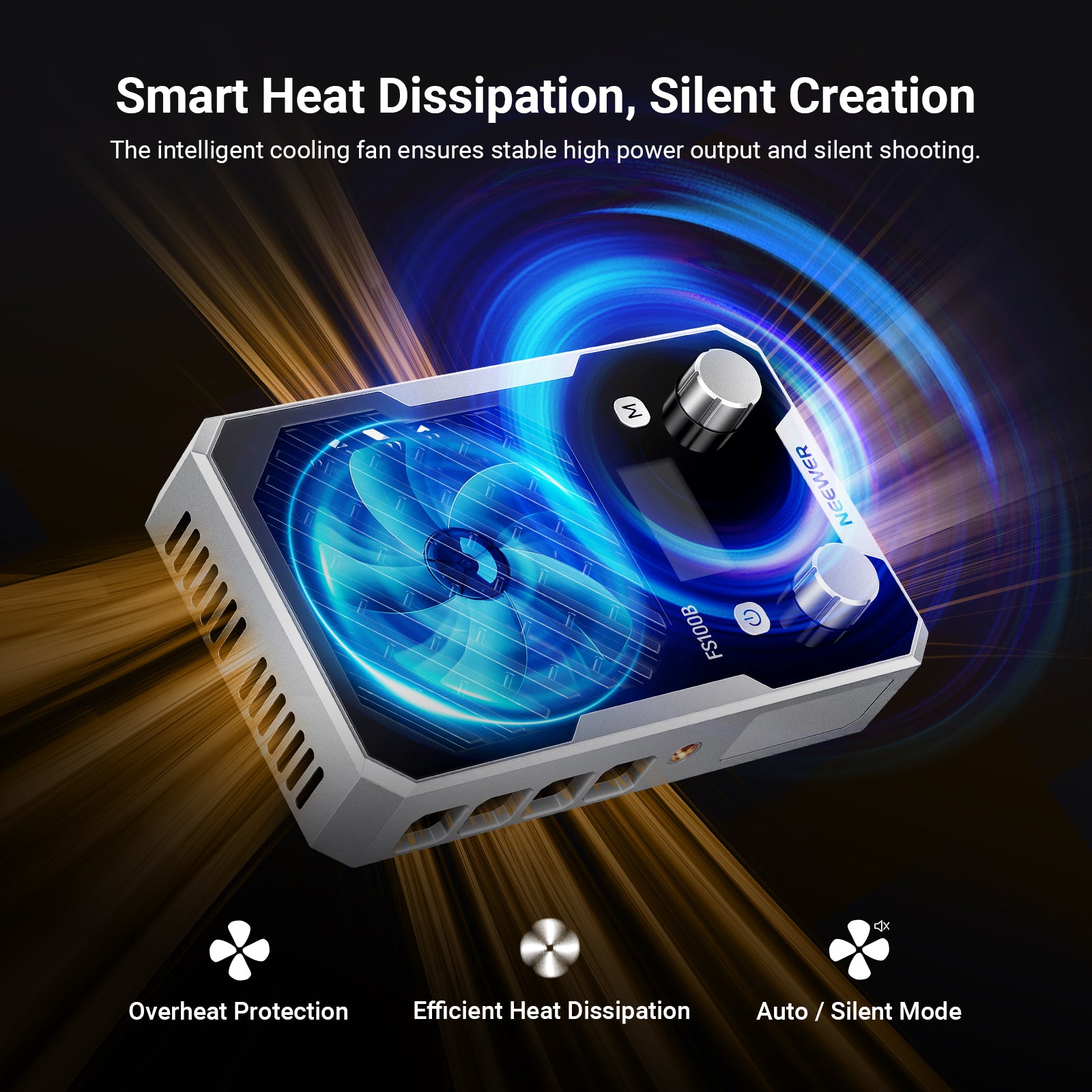 Designed with vented cooling holes, the NEEWER FS100B Bi-Color LED Video Light features Auto and Silent fan modes.
